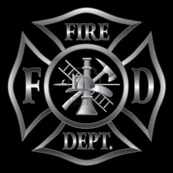 A silver fire department badge featuring symbols like a fire helmet, axe, and ladder, labeled "FIRE DEPT."
