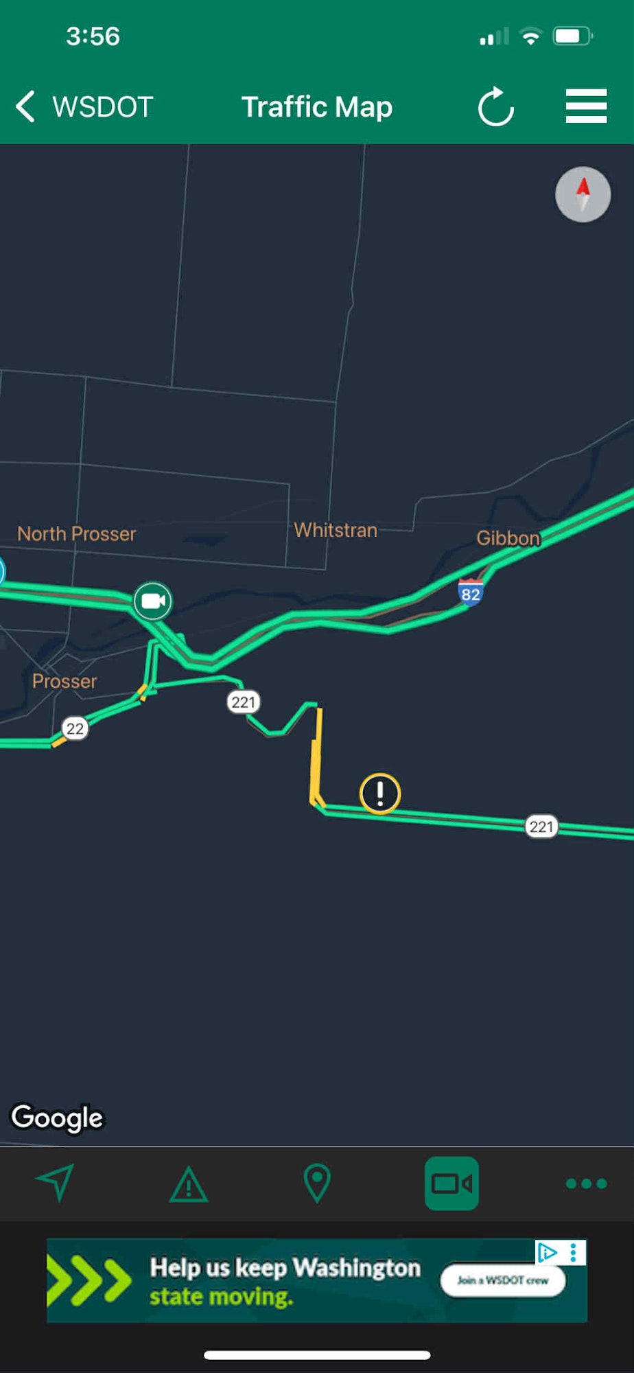 Traffic map showing roads near Prosser, WA with a yellow alert on highway 221.
