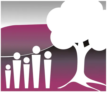 The image features stylized figures standing beside a large tree on a gradient background of purple and gray.