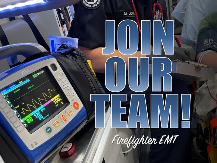 Join our team! Firefighter EMT recruitment with medical equipment and personnel.