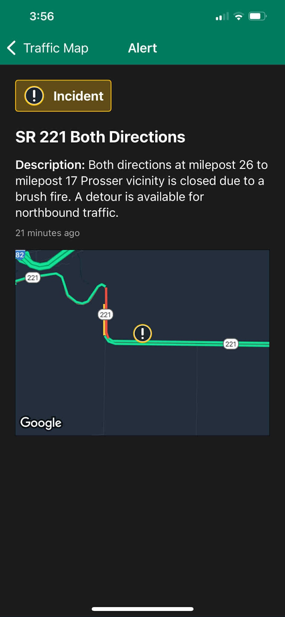 SR 221 closed both directions from milepost 26 to 17 due to brush fire; detour available for northbound traffic.