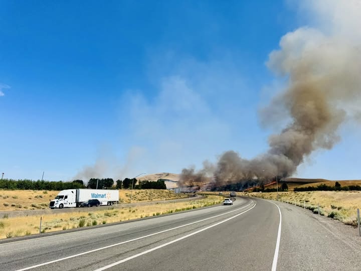 Smoke rising from a fire near a road, with a Walmart truck and cars nearby under a clear blue sky.