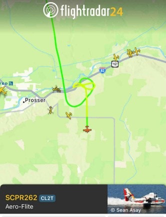 Flight path of Aero-Flite SCPR262 near Prosser, showing a loop pattern on Flightradar24.