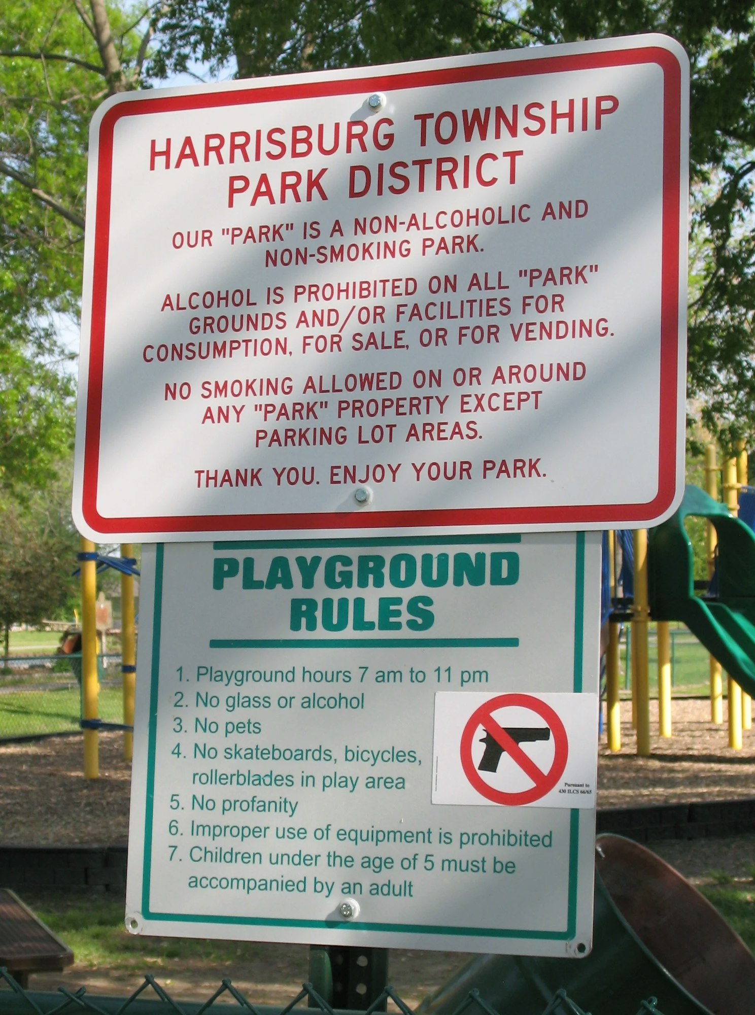 The image shows park rules, including no alcohol, no smoking, and playground guidelines for safety. Enjoy the park!
