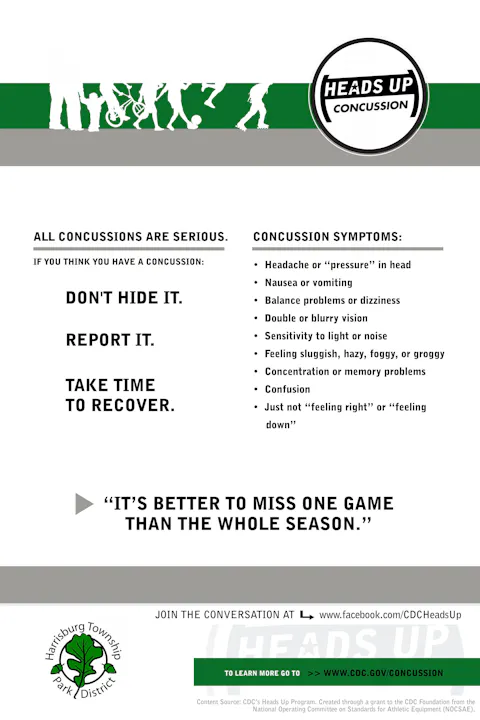 The image provides information about concussion awareness, symptoms, and recovery guidelines, emphasizing their seriousness.