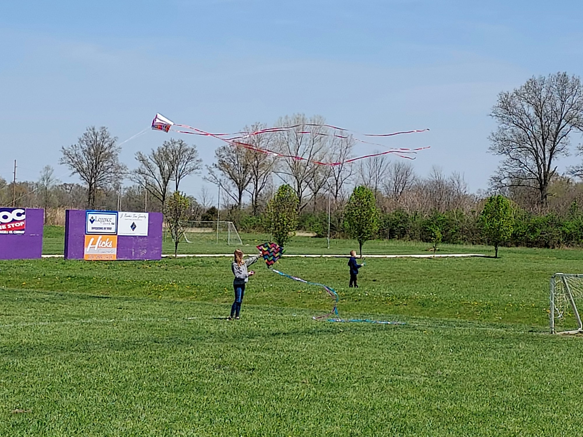 Two people are flying kites in a grassy field on a sunny day, with colorful ribbons trailing behind the kites.