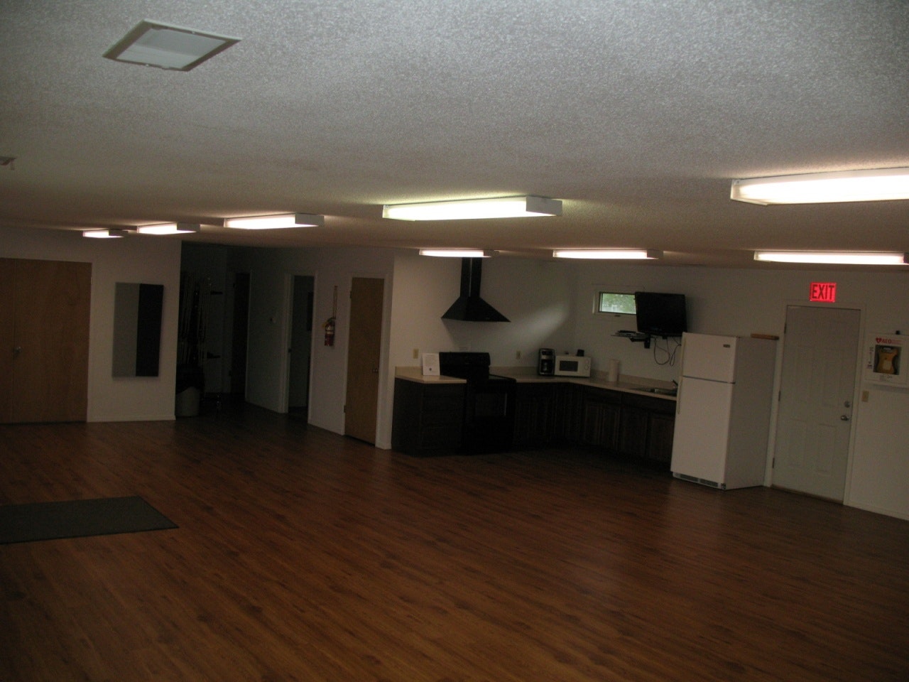 A spacious room with wooden floors, kitchen appliances, and overhead lighting, featuring an exit door and plain walls.