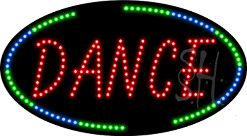 A colorful neon sign that spells "DANCE" in bright red letters, surrounded by green and blue lights.