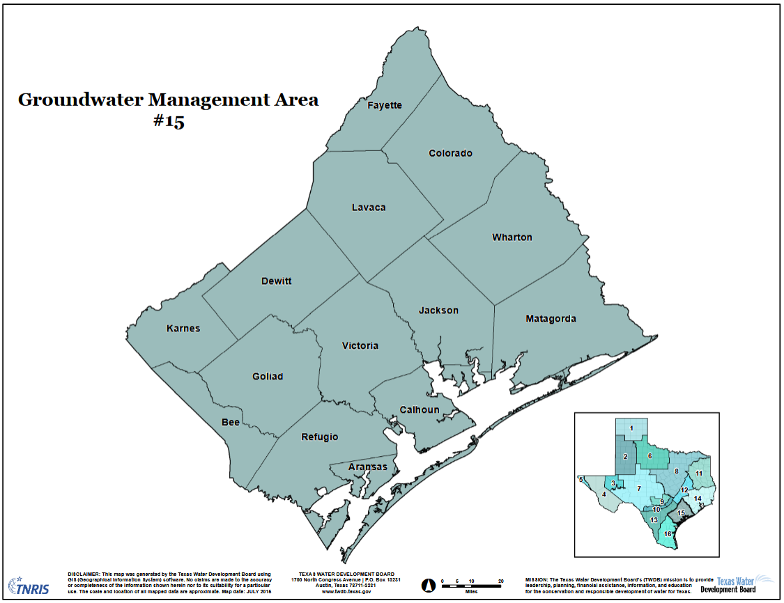 Map of Groundwater Management Area #15 in Texas, showing multiple counties.