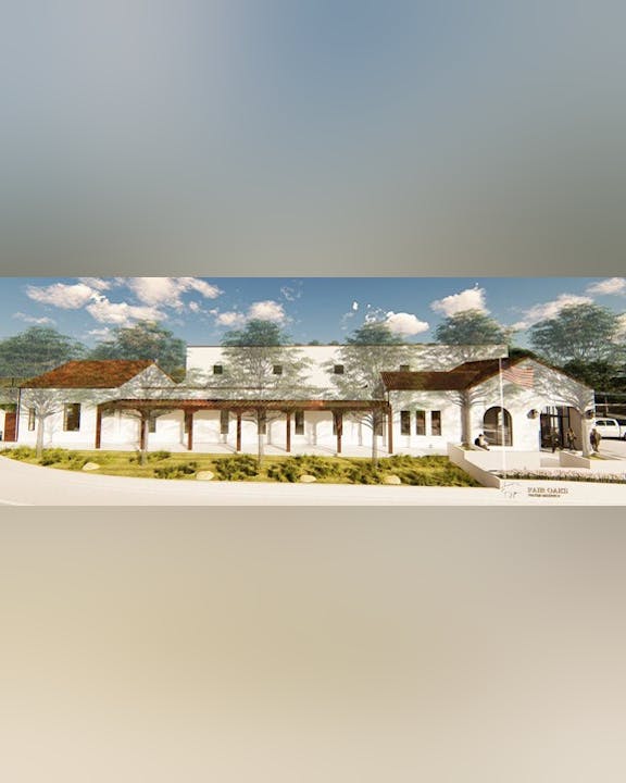 The image shows a rendering of a modern building with white walls, a red roof, and surrounding trees, likely a commercial space.