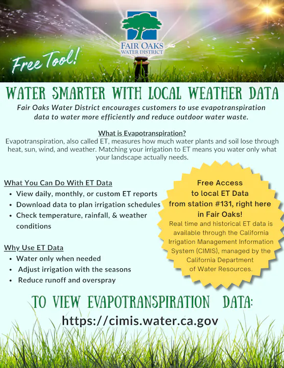 Fair Oaks Water District promotes using evapotranspiration data for efficient watering, reducing waste, and improving irrigation scheduling.