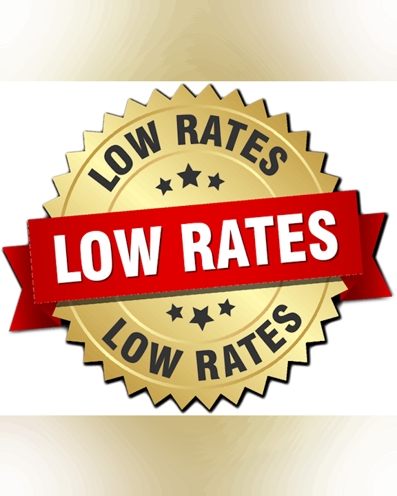A golden badge with "LOW RATES" text and a red banner.