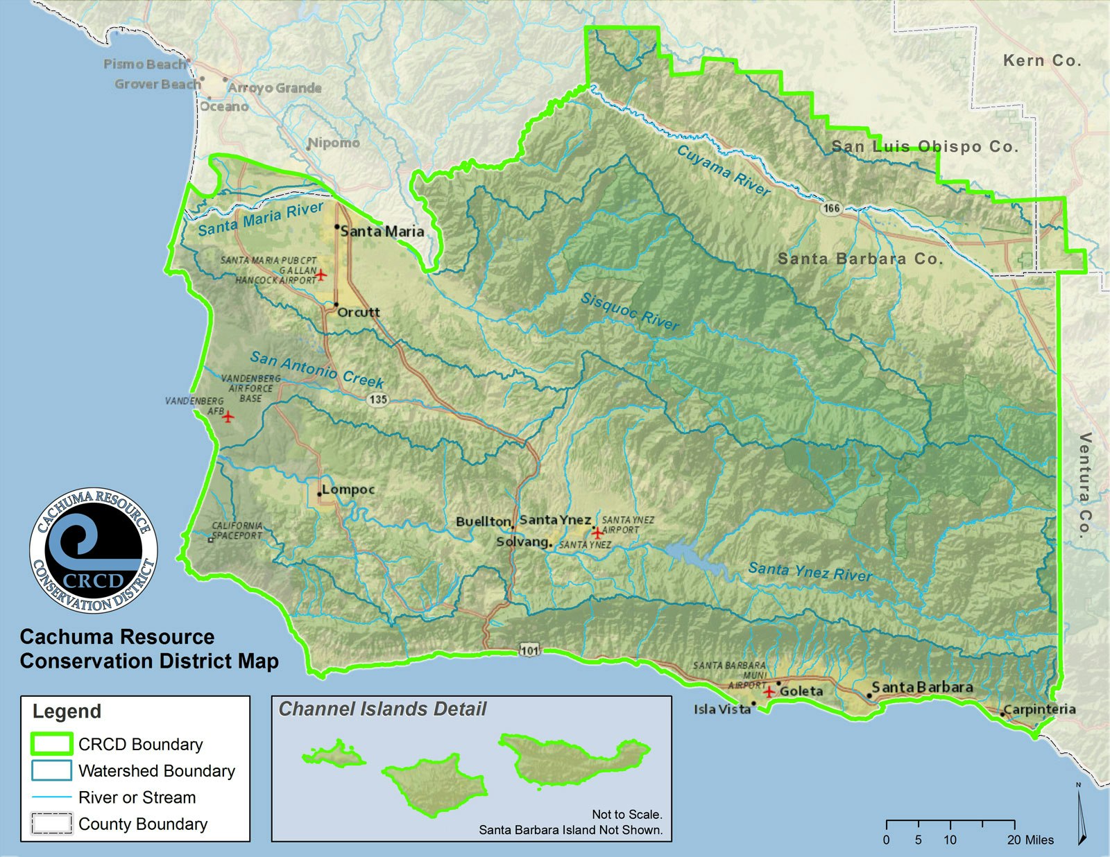 A map of the Cachuma Resource Conservation District, showing boundaries, rivers, and key locations in Central California.