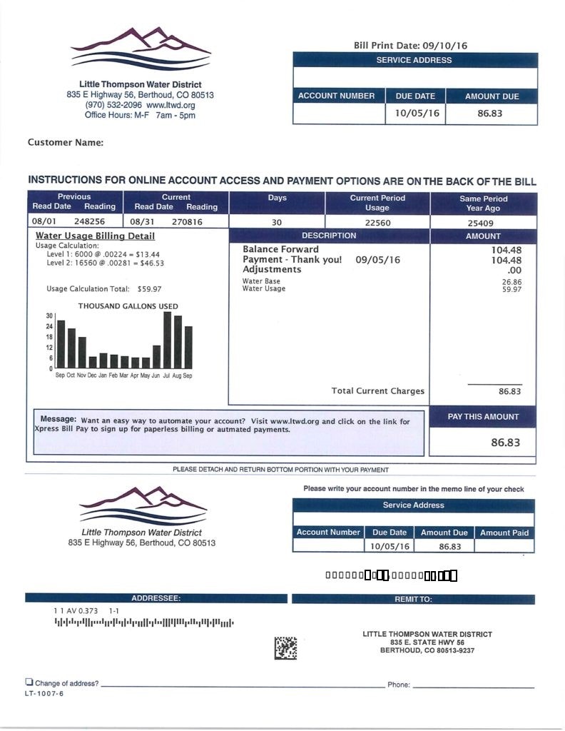 A water bill from Little Thompson Water District dated 09/10/16, showing total charges of $86.83 due by 10/05/16.
