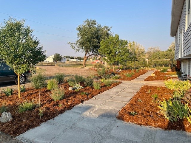 A well-maintained garden with a paved path, various plants, trees, and mulch surrounding a building.