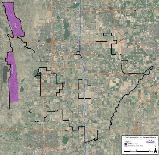 A map highlighting areas without beacon meters, with a specific region shaded in purple and outlined in black.