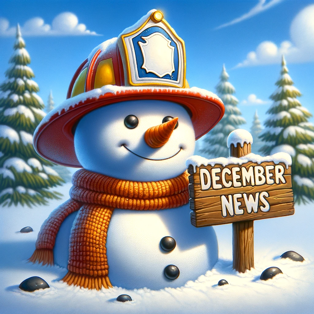 Cartoon snowman with firefighter hat next to a wooden sign that says December News