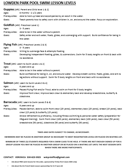 Text description of swim lesson levels and prerequisites at Lowden Park Pool, including age groups, prerequisites, and goals for each level.