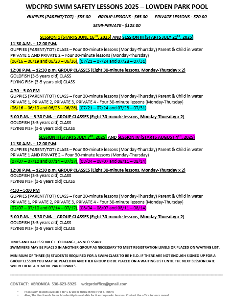 Swim safety lessons schedule for 2025 at Lowden Park Pool, including dates, times, and prices for various classes.