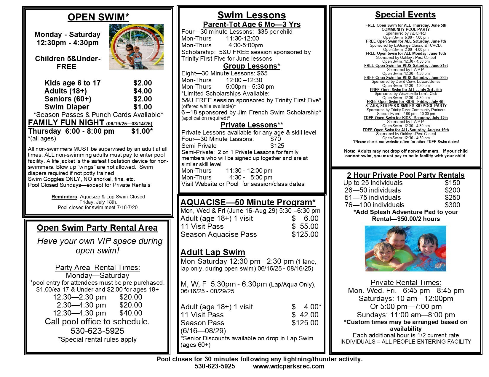 Pool schedule and pricing details for open swim, swim lessons, special events, and private rentals at a recreation center.