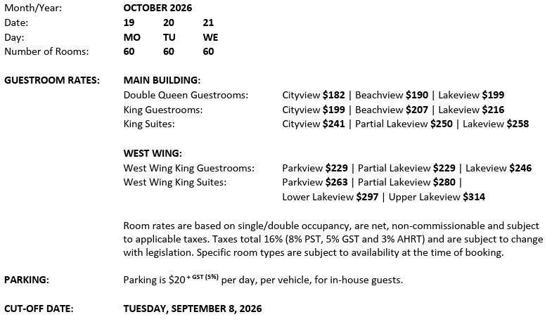 Rates for rooms in October 2026, with prices ranging from $182 to $314, and a parking fee of $20 + GST per vehicle.