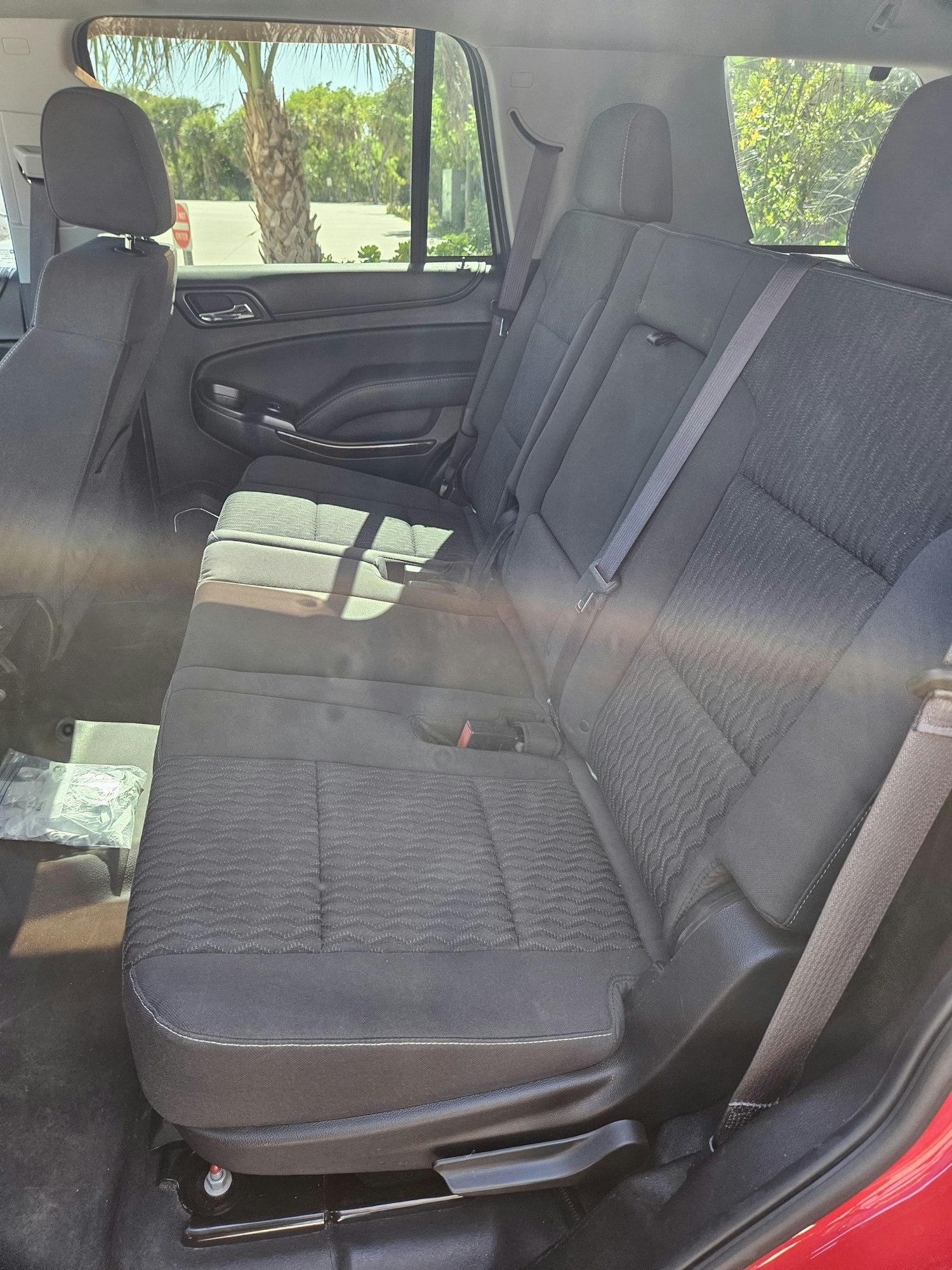 Car interior showing the back seats, door, and windows.