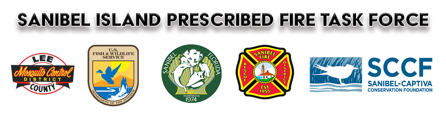 Logos of organizations under "Sanibel Island Prescribed Fire Task Force," including Lee County, U.S. Fish & Wildlife Service, and more.