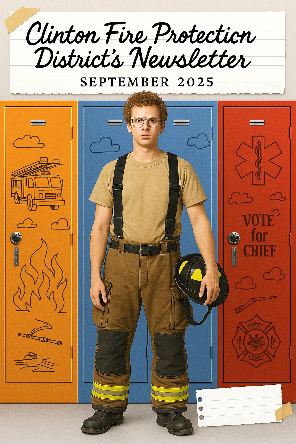 Man in firefighter gear holding helmet in front of colorful lockers, titled "Clinton Fire Protection District's Newsletter, September 2025."