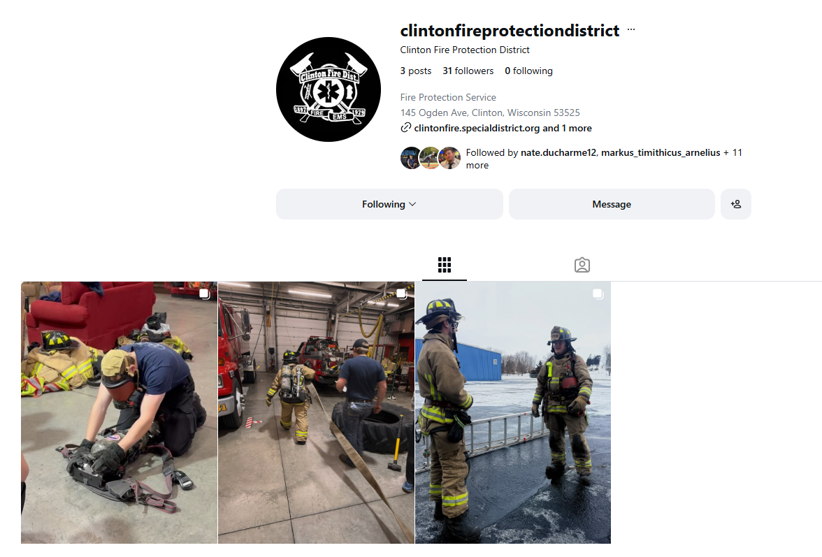 The image features the Clinton Fire Protection District's social media profile with posts showcasing firefighters in action and training.