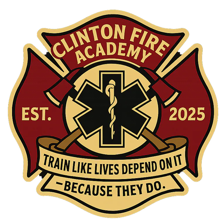 Clinton Fire Academy emblem with axes, star of life, and the motto "Train Like Lives Depend On It—Because They Do."