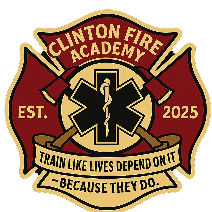 Clinton Fire Academy emblem with axes, star of life, and the motto "Train Like Lives Depend On It—Because They Do."
