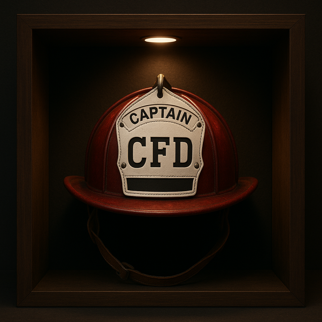 A vintage firefighter helmet labeled "CAPTAIN CFD" displayed in a wooden case with spotlight illumination.