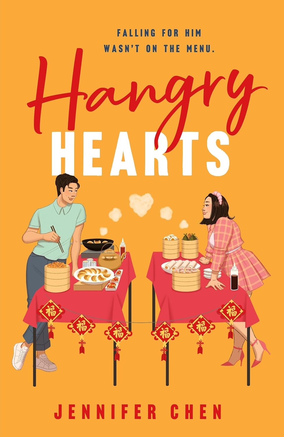 Book cover: "Hangry Hearts" by Jennifer Chen, features two people with food on tables, and the tagline, "Falling for him wasn't on the menu."