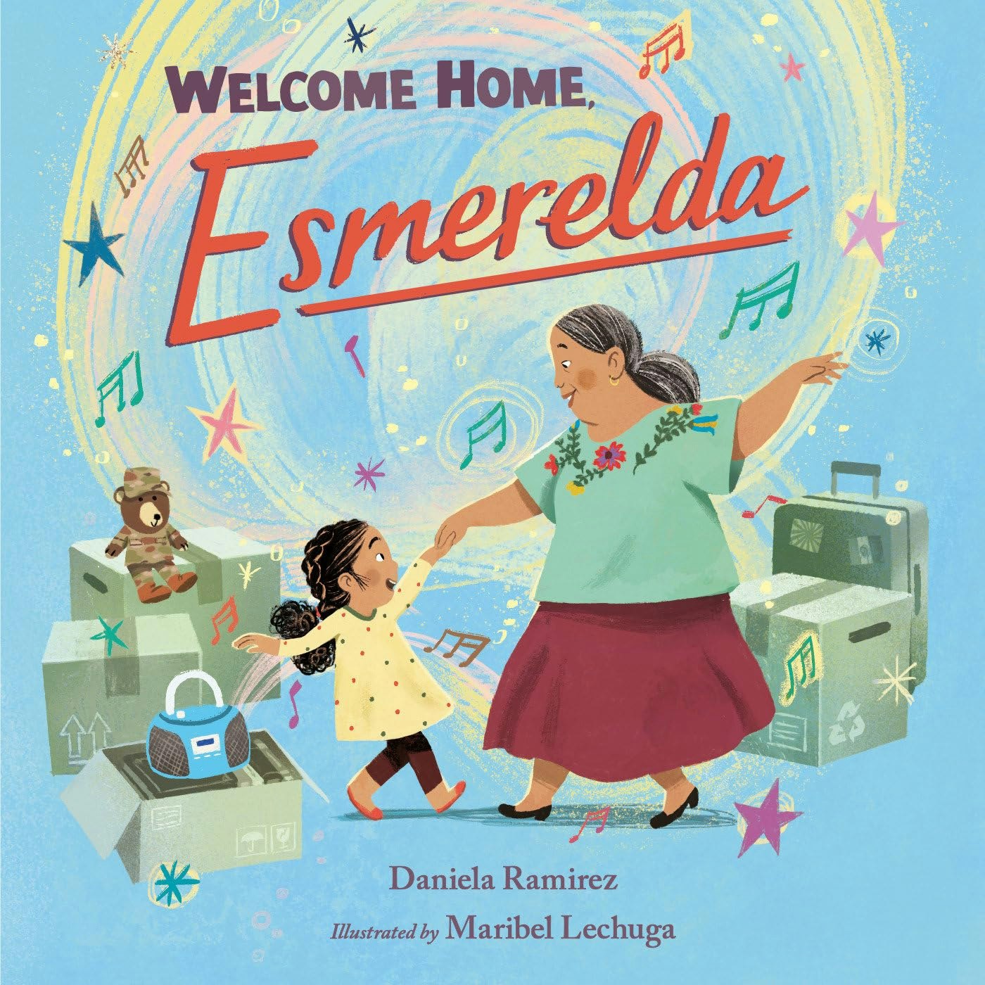 A joyful reunion scene with a woman and child, surrounded by boxes and music notes, under the title "Welcome Home, Esmerelda."