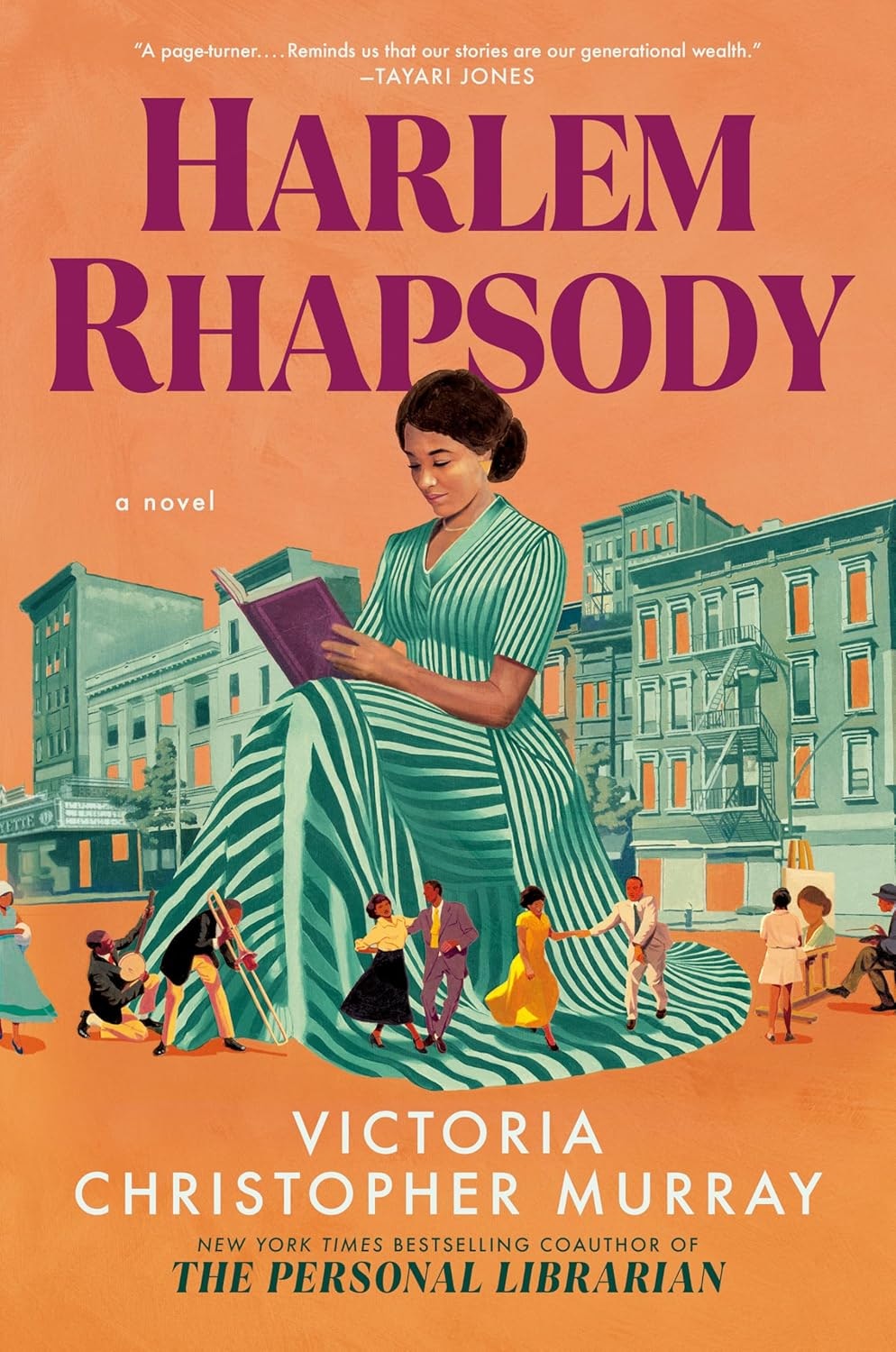 Cover of "Harlem Rhapsody," a novel by Victoria Christopher Murray, with artwork of a woman reading and a lively street scene.