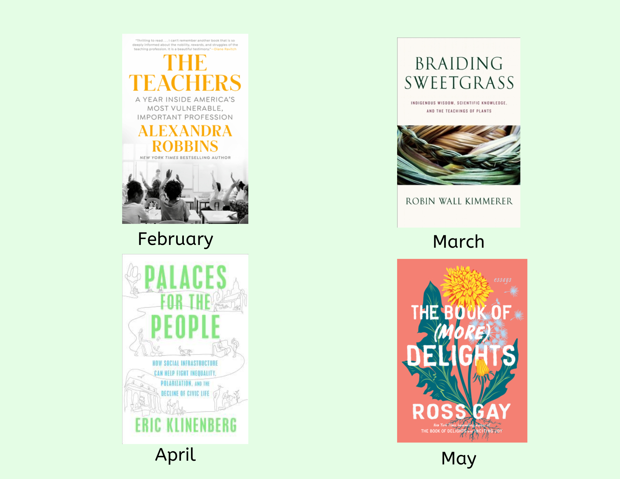 Covers of four books, each associated with a month from February to May.