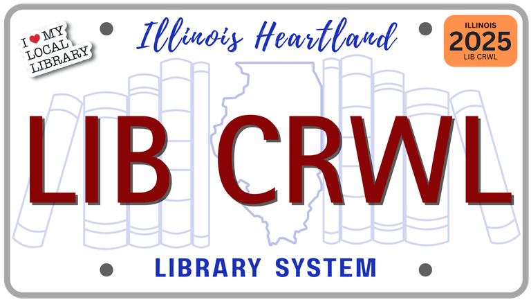 License plate with "LIB CRWL" from Illinois, featuring books and state outline.