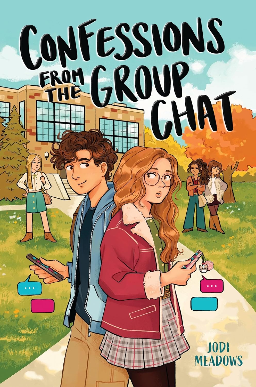 The image features a colorful book cover titled "Confessions from the Group Chat," showing diverse teenagers outside a school.