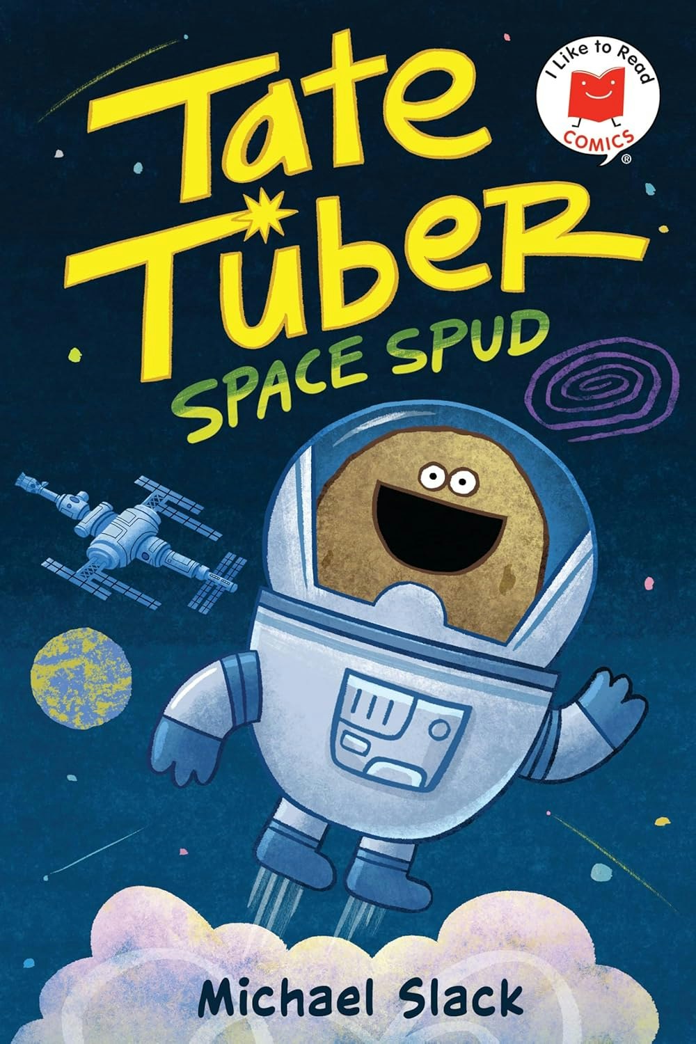 A playful book cover featuring "Tate Tuber: Space Spud," an astronaut potato character in space.