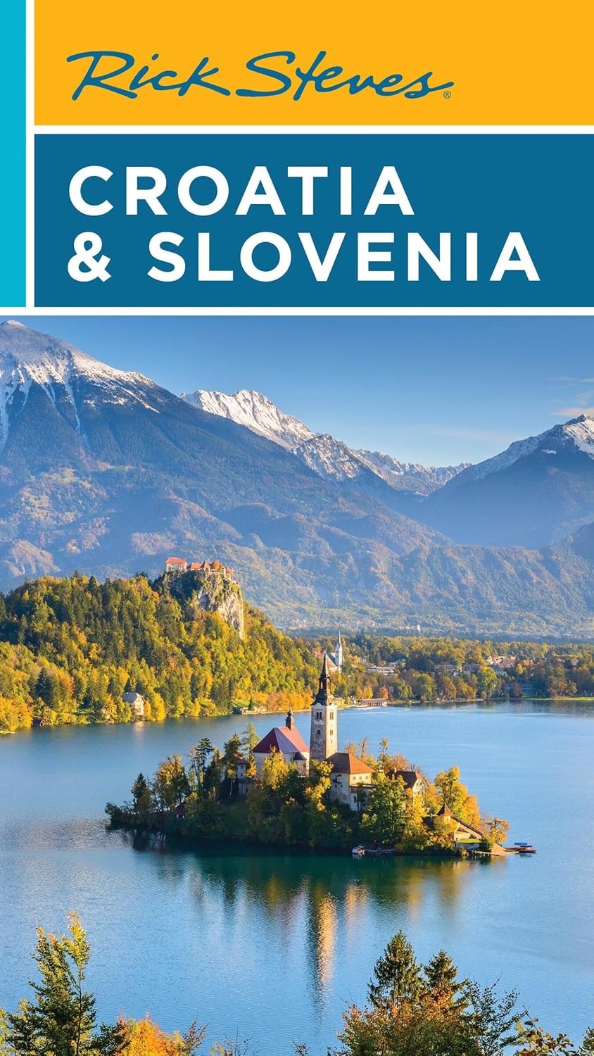 A scenic travel cover featuring a picturesque lake, mountain backdrop, and a church on an island, highlighting Croatia and Slovenia.
