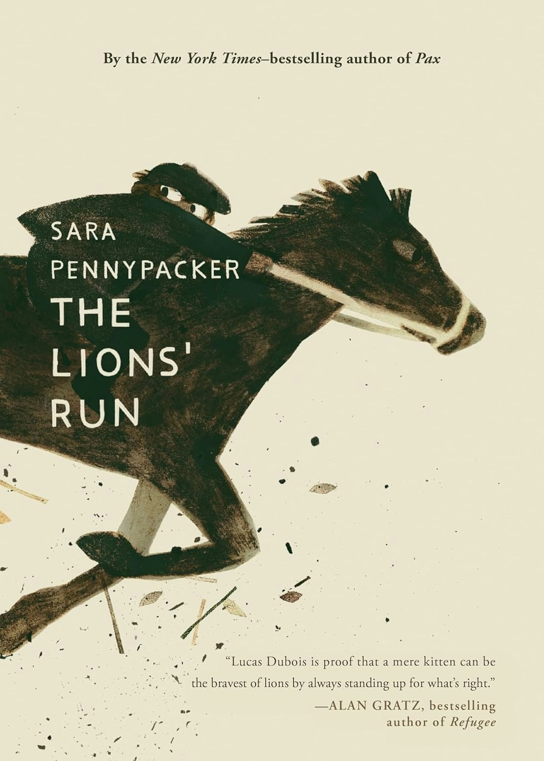 The image features a book cover titled "The Lions' Run" by Sara Pennypacker, with a quote from Alan Gratz.