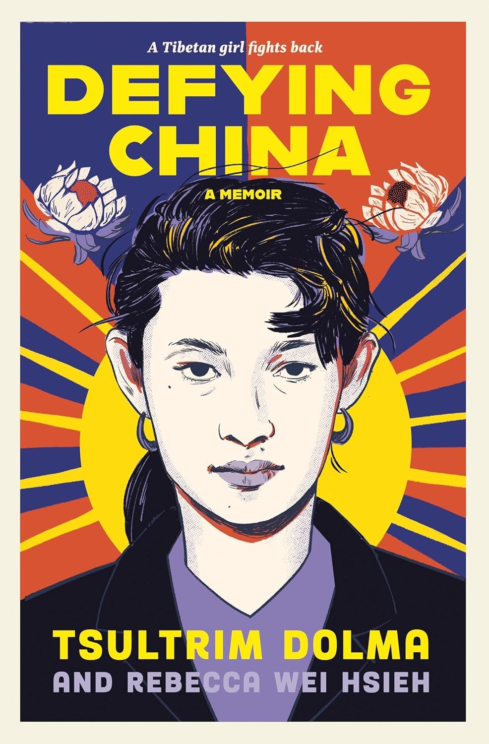 The image features a book cover titled "Defying China," a memoir about a Tibetan girl’s fight against oppression.