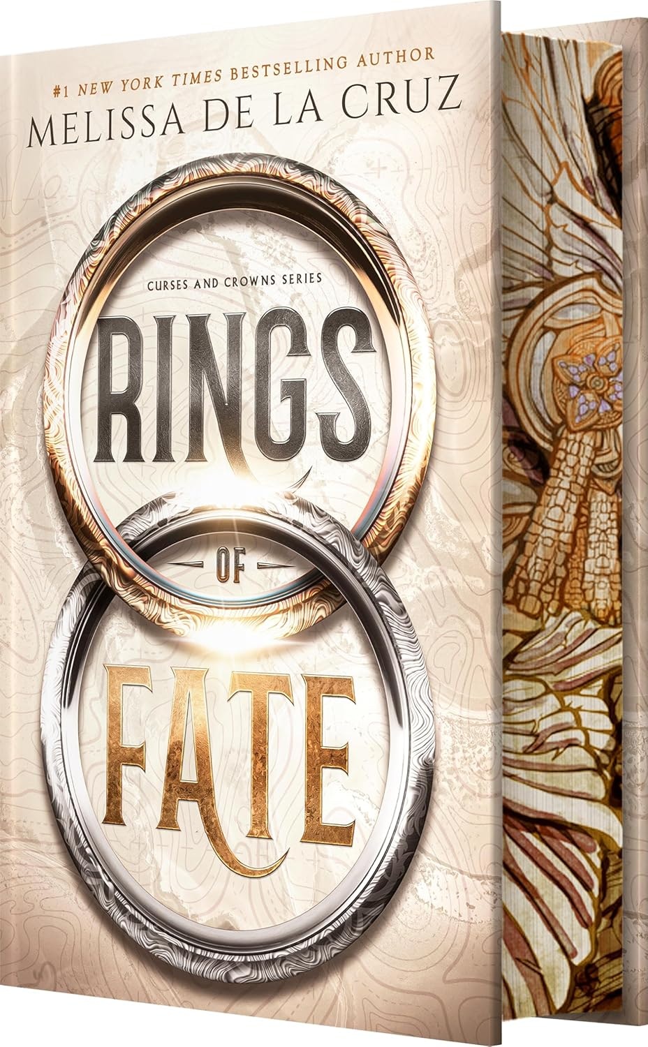 The image features the book "Rings of Fate" by Melissa de la Cruz, part of the "Curses and Crowns" series.