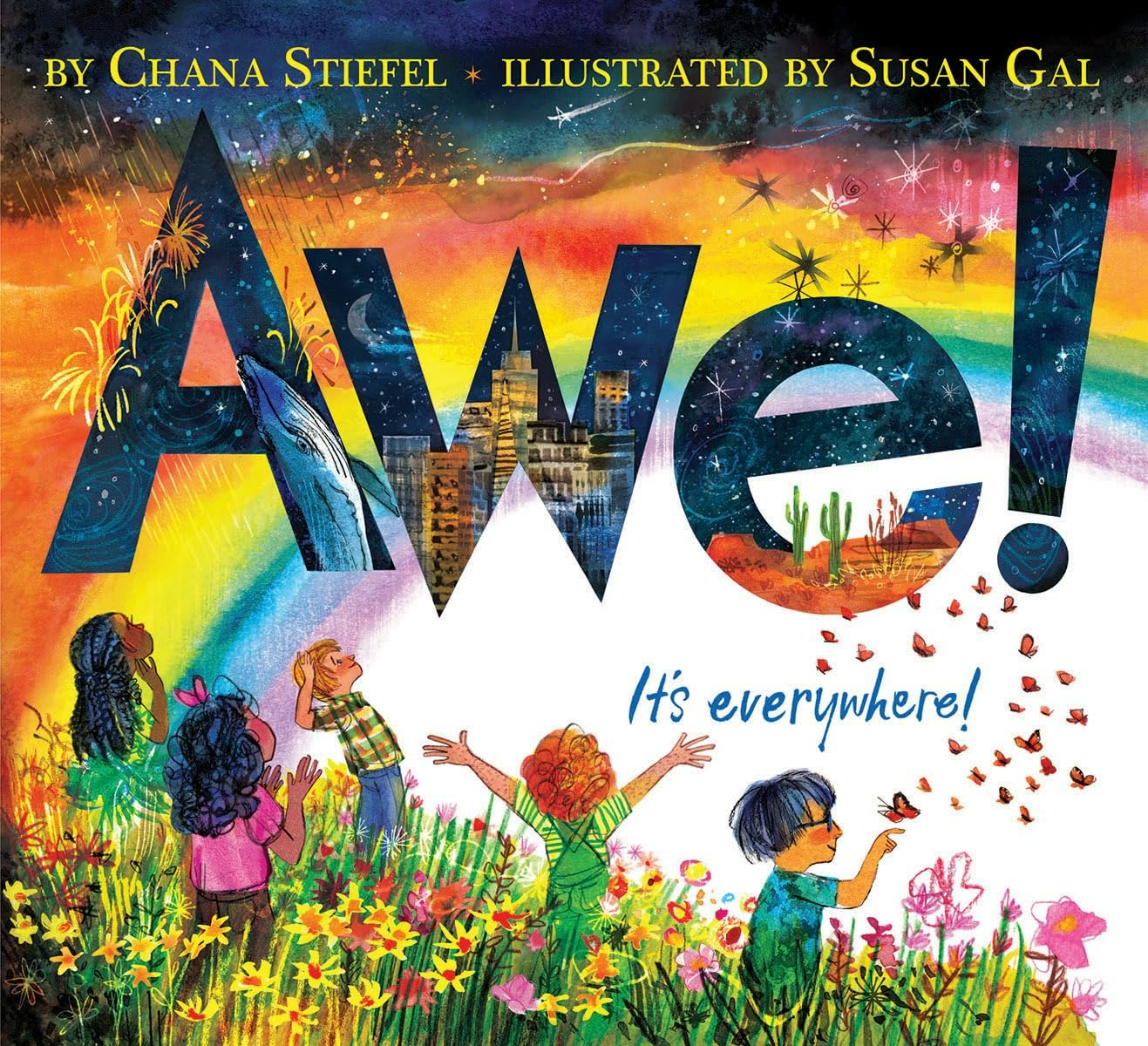 The image features the cover of "Awe!" by Chana Stiefel, illustrated by Susan Gal, showcasing vibrant colors and joyful children in nature.