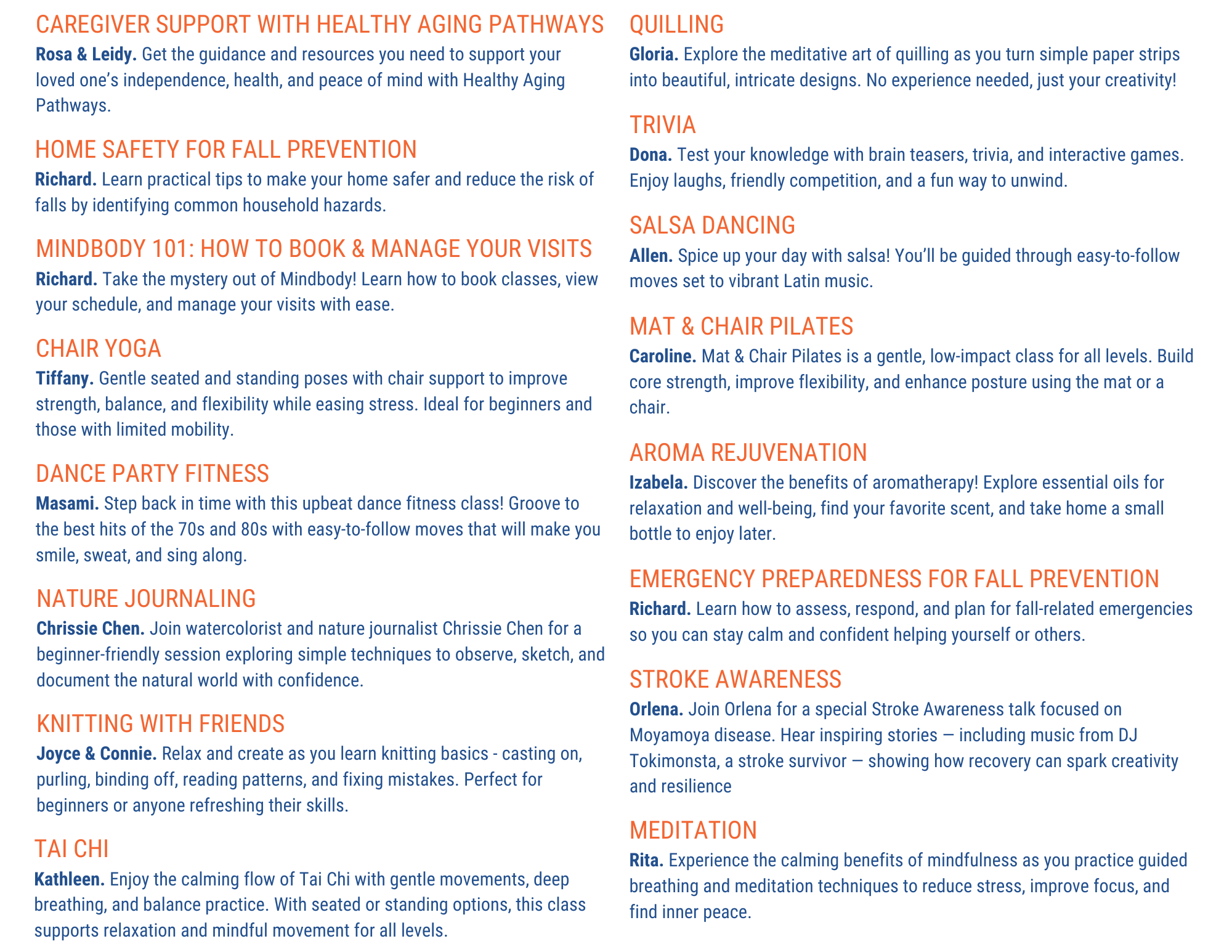 Events and classes on aging support, fall prevention, yoga, fitness, arts, meditation, and wellness with various instructors.