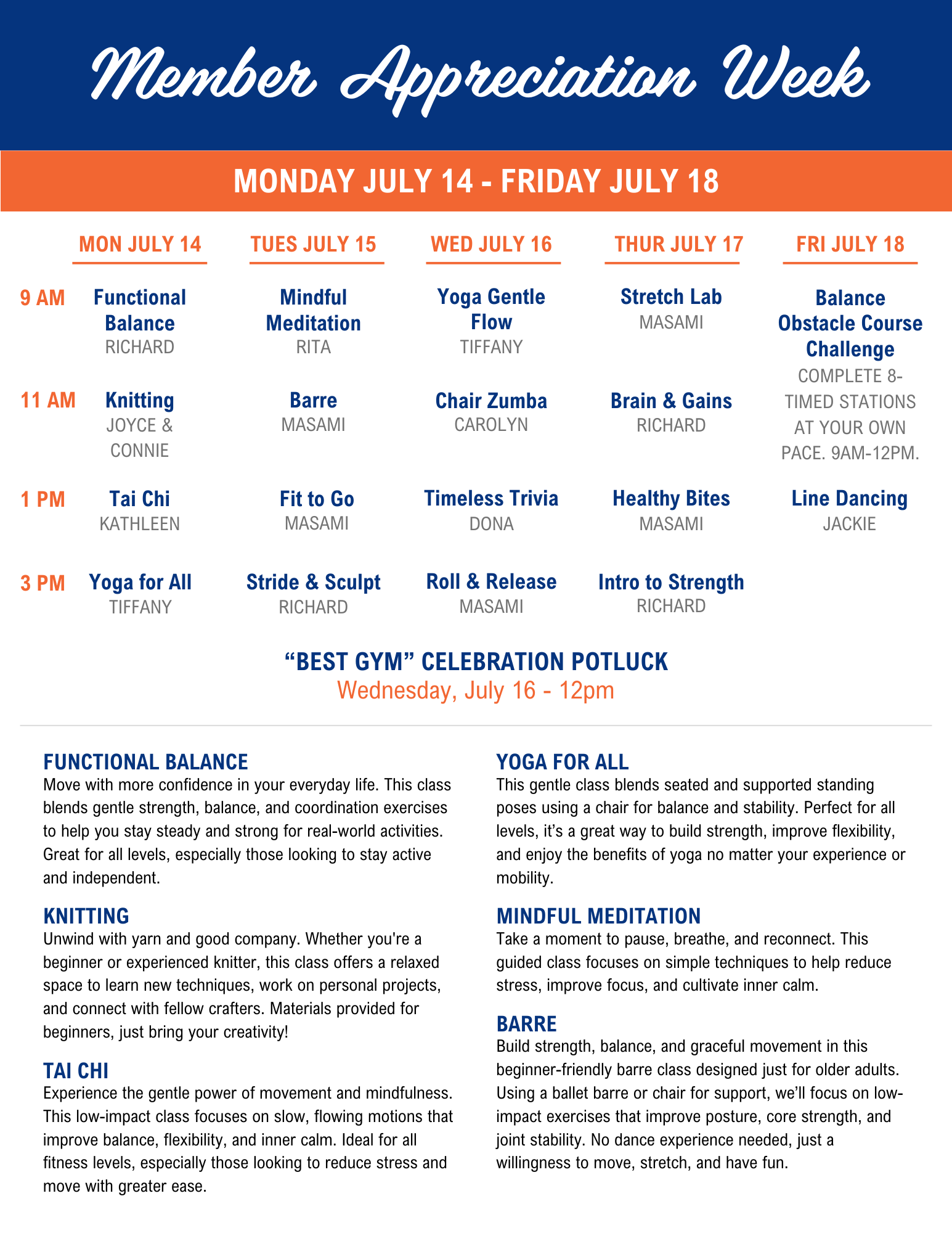 Member Appreciation Week schedule with various classes and a potluck from July 14-18.