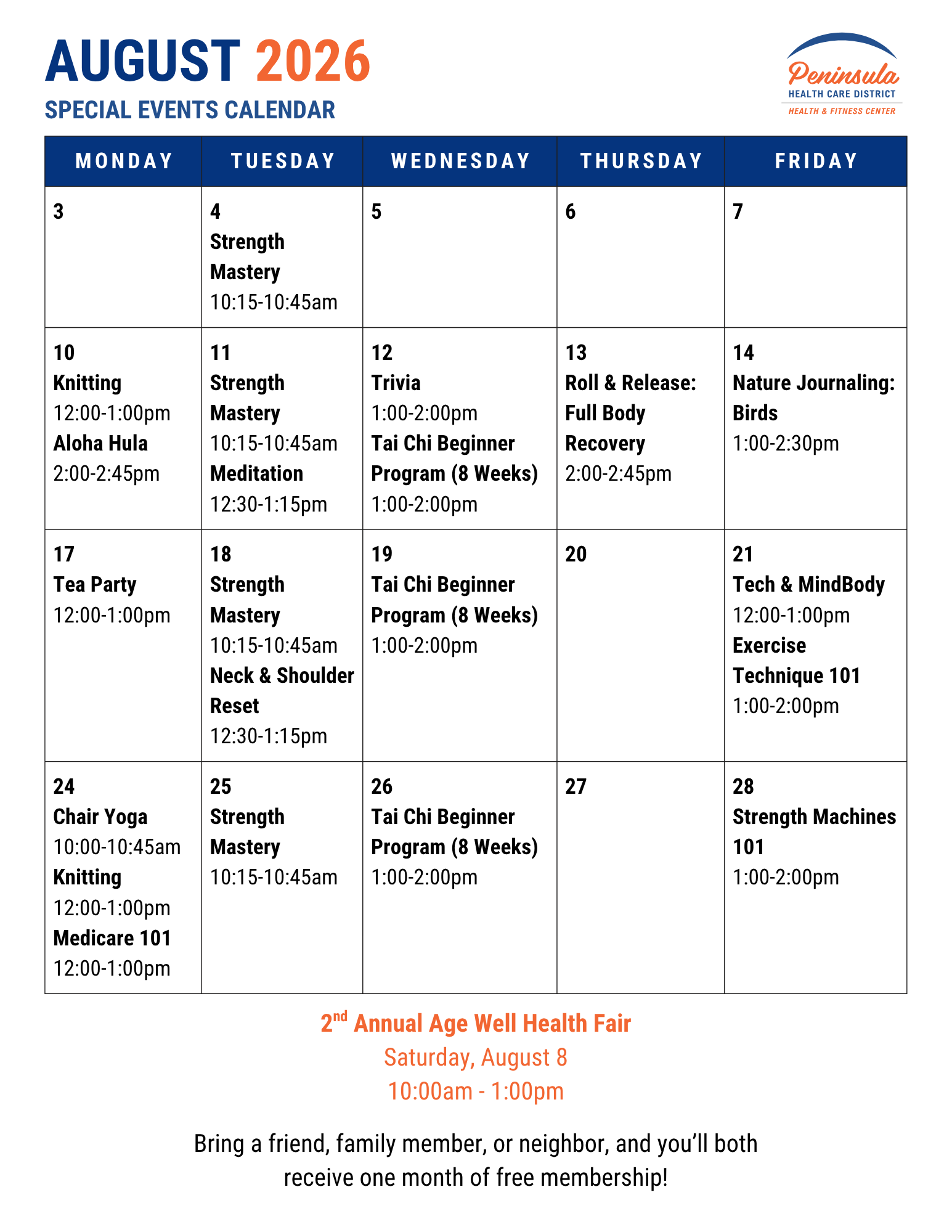 August 2026 events include fitness classes, knitting, tea parties, trivia, and a health fair on August 8.