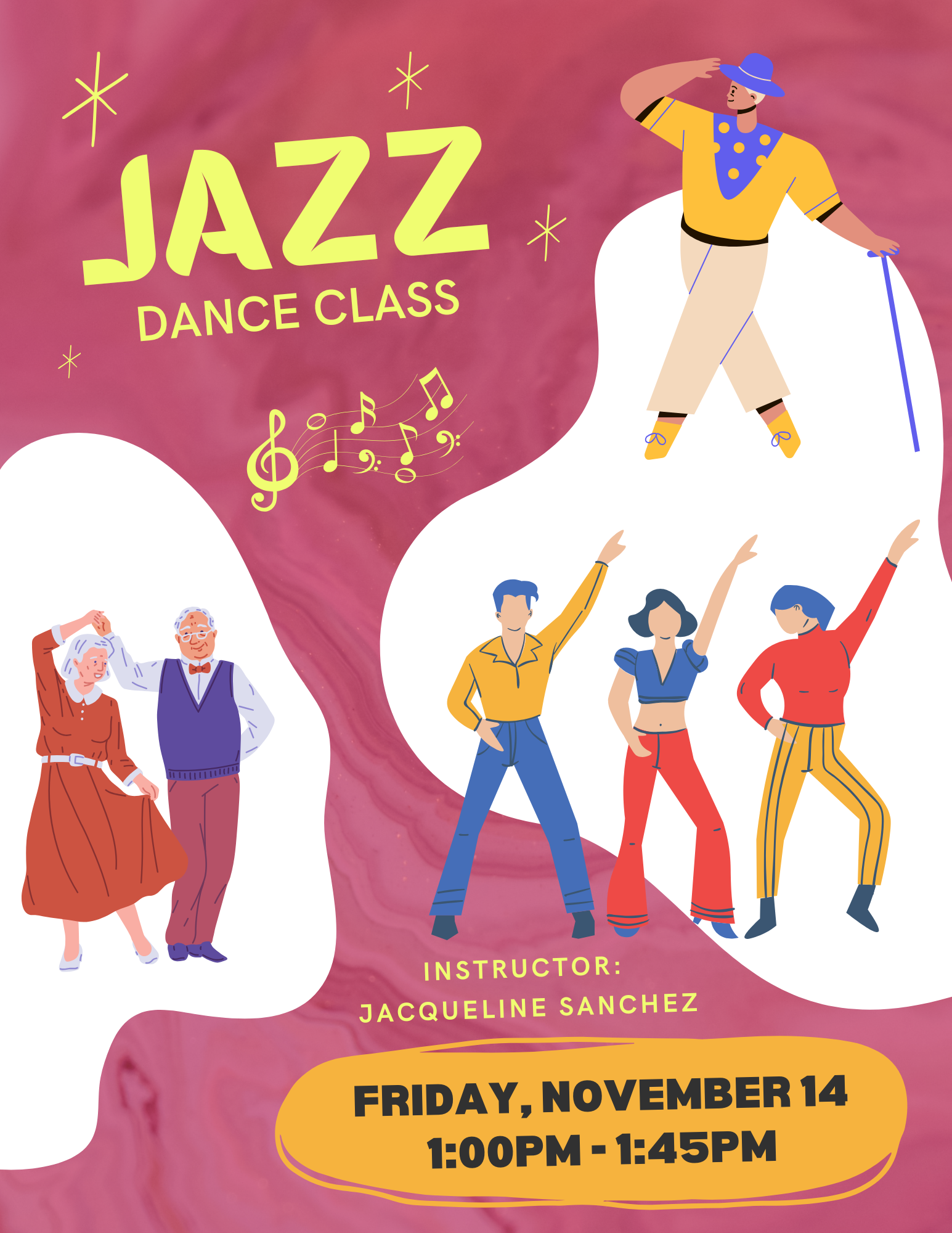 Jazz dance class poster with illustrations of dancers and details: Friday, November 14, 1:00PM - 1:45PM. Instructor: Jacqueline Sanchez.