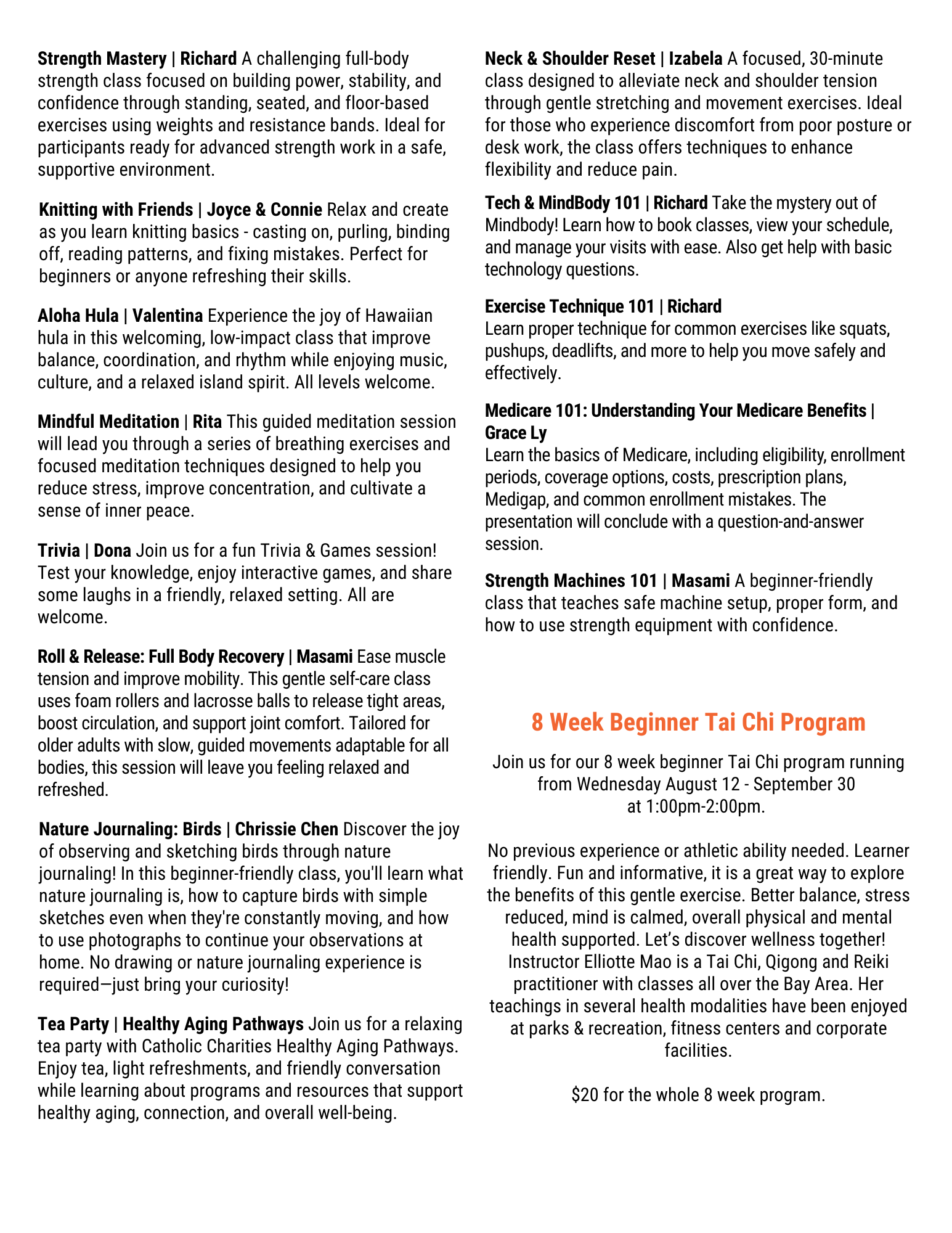 This image lists various classes and programs focusing on fitness, wellness, and creative activities for different interests and skill levels.