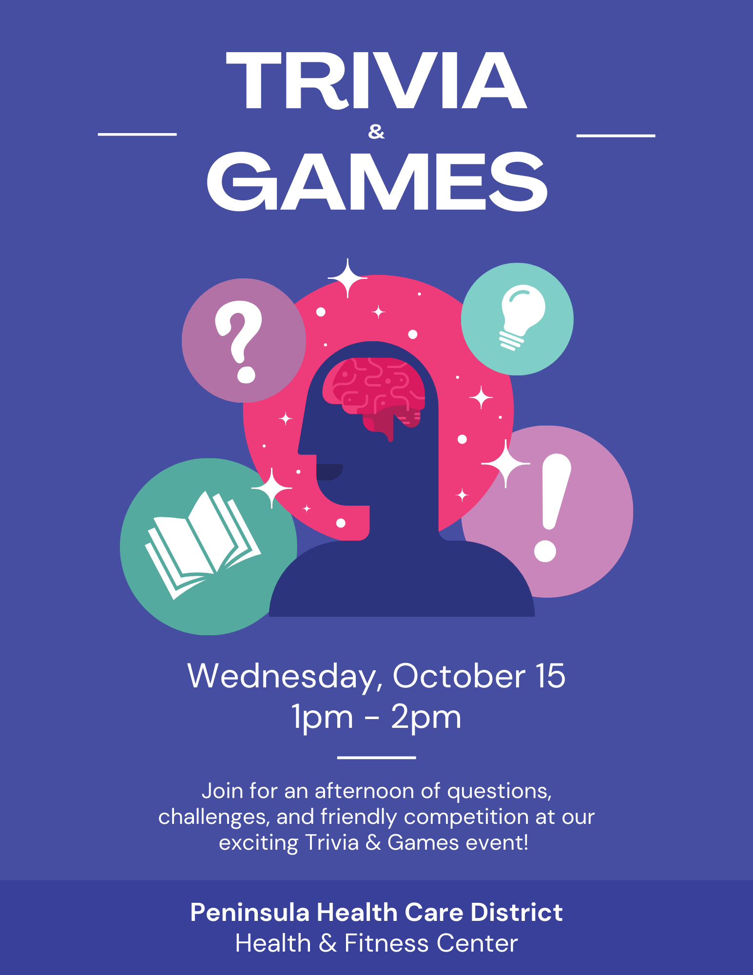 Trivia & Games event on October 15, 1pm-2pm at Peninsula Health Care District. Join for questions, challenges, and competition.